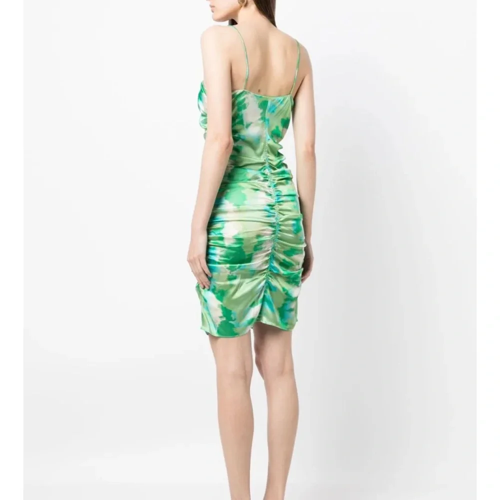 GANNI Silk Stretch Satin Ruched Mini Dress Lily Green Size 44 or US Large - Picture 3 of 16